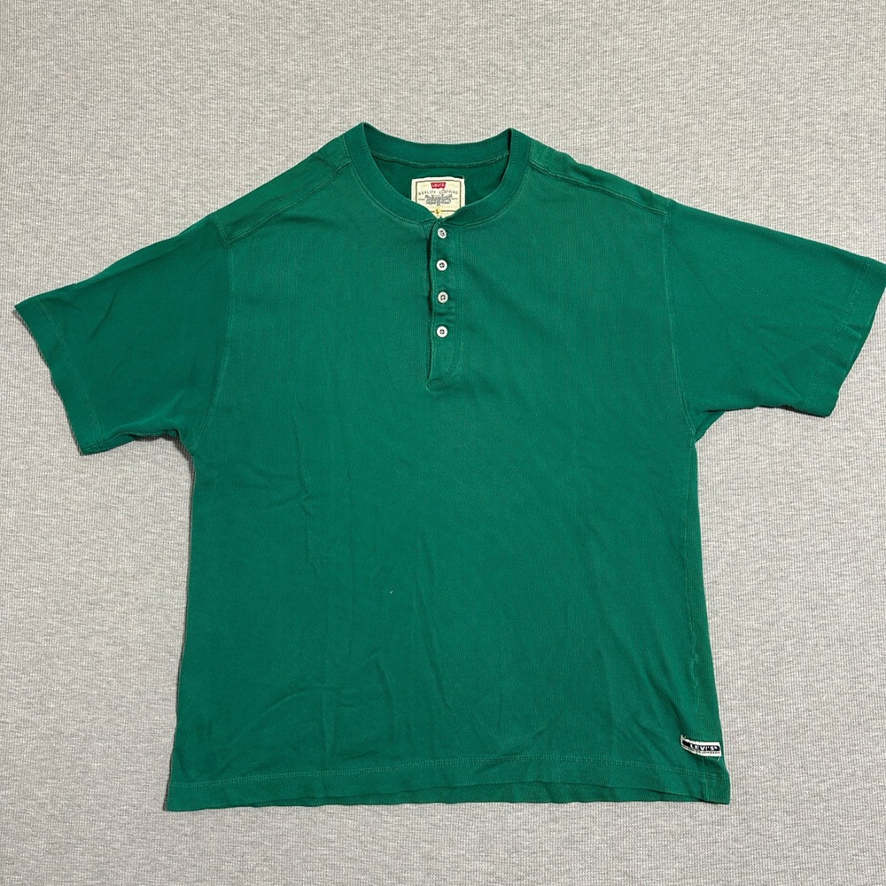 Vintage 1997 Levis Mens Green Ribbed Cotton Short Sleeve Henley Shirt 60654 L
